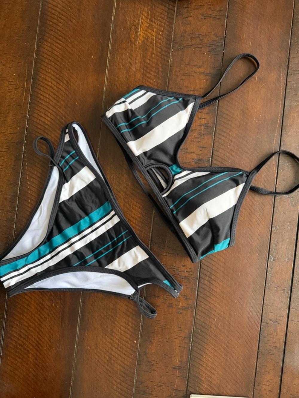 Striped Black, White & Teal Triangle Bikini Set
